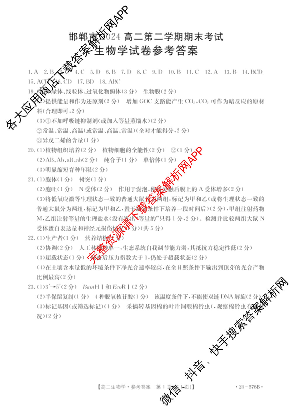 邯郸市2024高二第二学期期末考试(576B)生物答案