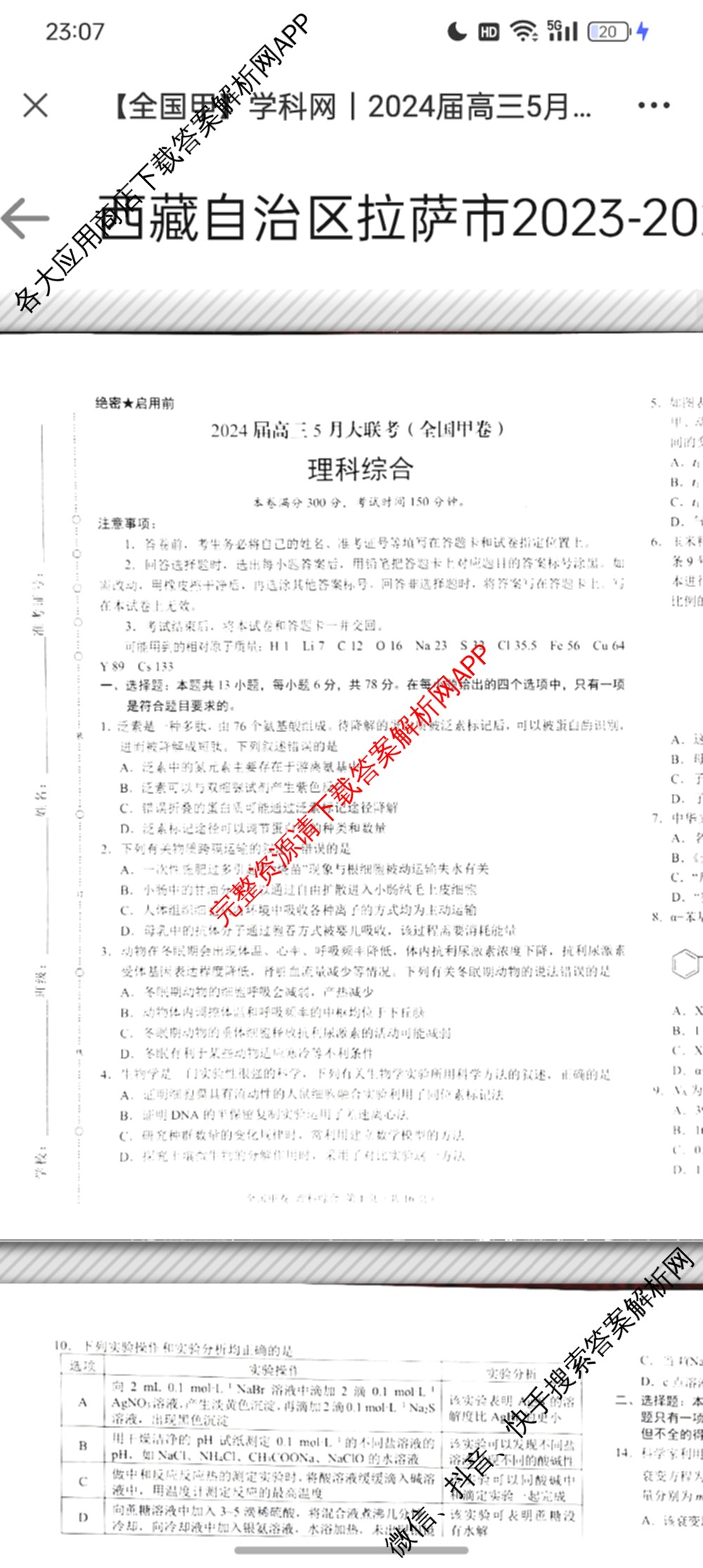 2024届高三5月大联考理综(全国甲卷)试题